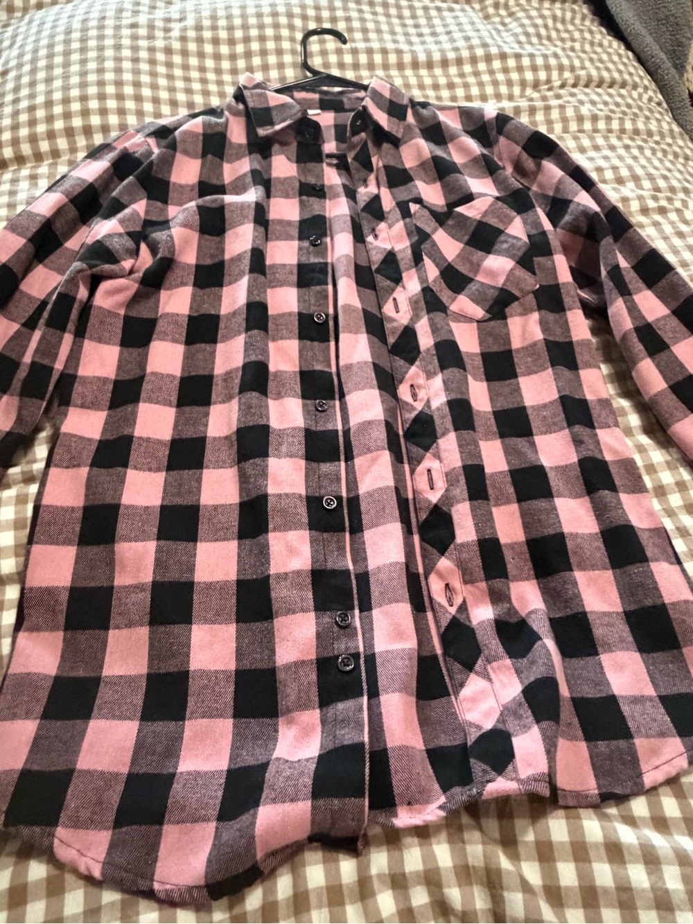 Pink and Black Buffalo Plaid Flannel Shirt - women’s oversized Button-Up